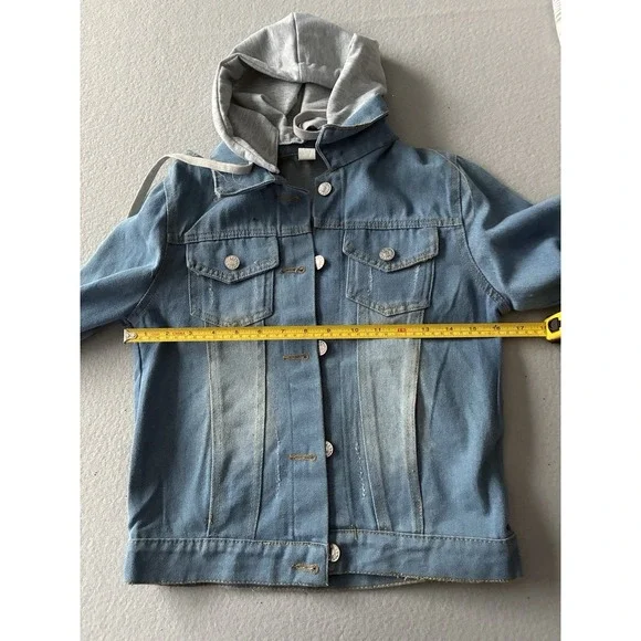 JZNZ Womens Medium Lightwashed Denim Jean Jacket Detachable Hood Distressed Blue - Picture 7 of 7